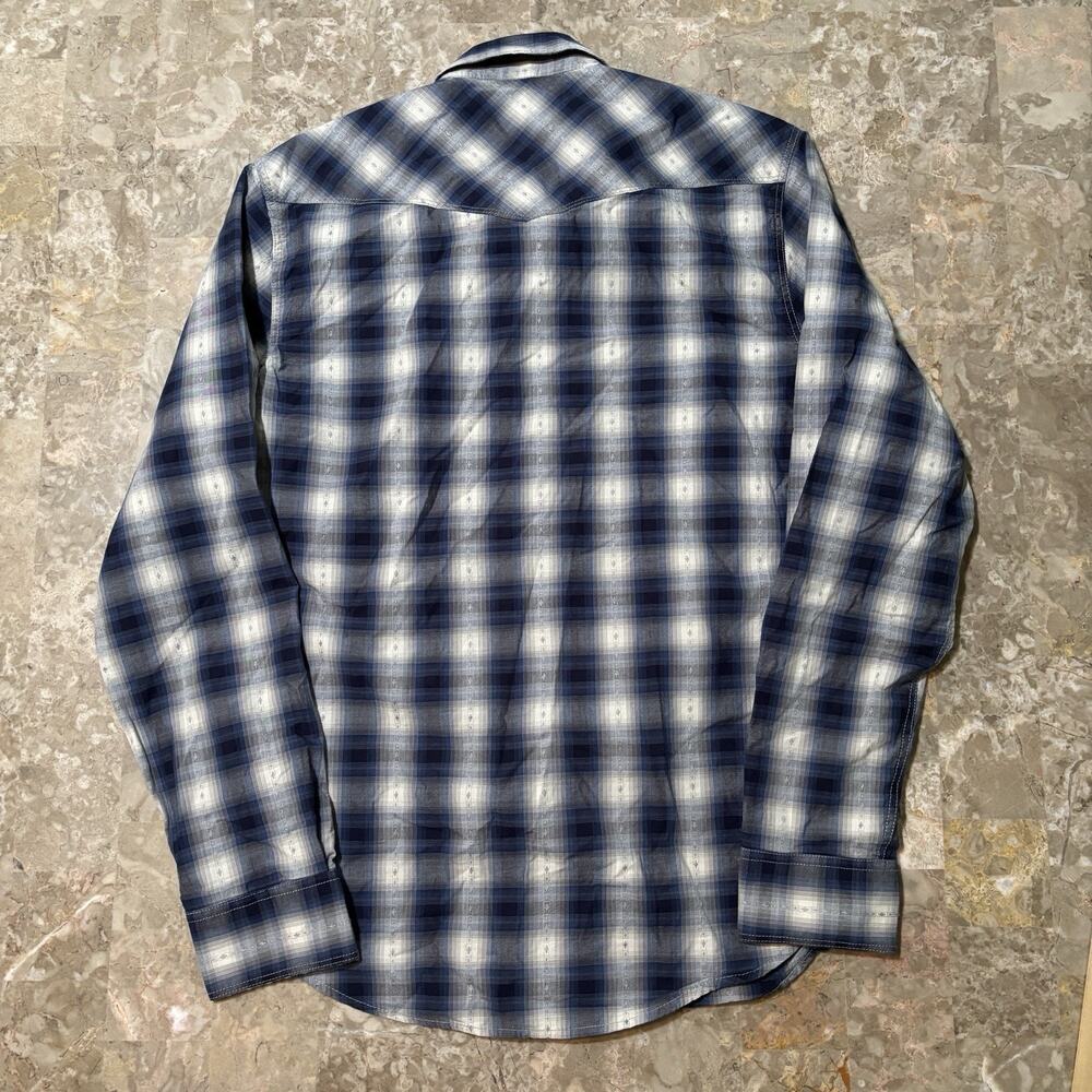 Lucky Brand Pearl Snap Shirt Mens Small Blue Shadow Plaid Western Yoke Rodeo - Picture 9 of 10